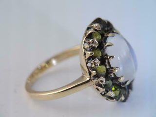 Art Deco BADEN & FOSS SOLID 10K GOLD NATURAL MOONSTONE GREEN GARNET HALO RING 5