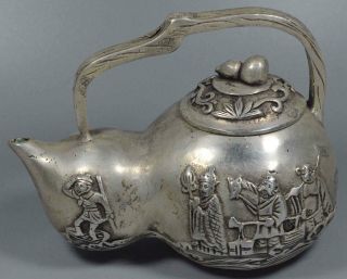 Chinese Collectable Handwork Old Miao Silver Carve Wukong Monkey Gourd Tea Pots