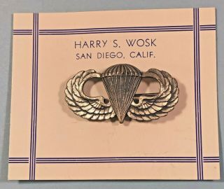 Ww2,  Us Airborne,  Paratrooper,  Jump Wings,  Pin Back,  Sterling,  On Wosk Card