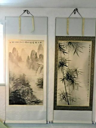 Vintage Chinese Watercolor Wall Hanging Scroll Paintings With Porcelain End Caps