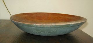 Antique Primitive 10 " Out Of Round Wooden Treen Dough Bowl,  Green Paint & Lip