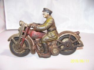 Vintage Cast Iron Red Motorcycle,  Hubley ??? Marked Patrol On Tank