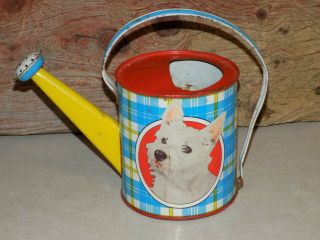 Vtg Ohio Art Toy Sprinkling Can Tin Litho Dog Puppy And Cat Kitty Holds Water