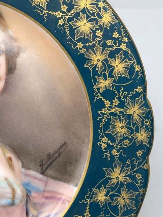 Sevres France Blue Gold Leaf Border Female Portrait Plate Artist Signed 8 3/8 