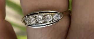 Victorian 14k Gold 5 Stone Diamond And Black Enamel Ring W/old Mine Diamonds