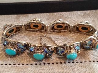 Vintage Chinese Gilt,  925 Silver Turquoise & Enamel Linked Bracelet: