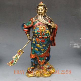 Old 9.  2 Inch Brass Cloisonne Handwork Carved Guan Gong Statue W Qianlong Mark