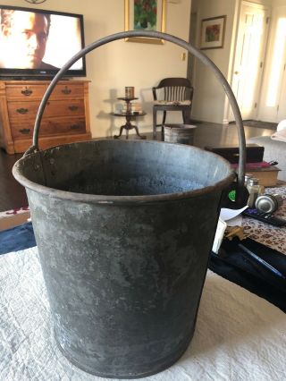 Vintage Army Green Paint Galvanized Metal Bucket Old Iron Pail Pot 11” Tall