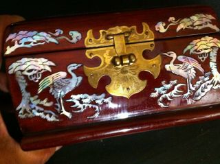 Fine Antique Chinese In Lay Shell Crane With Wood Box