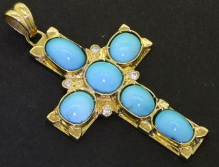 Antique Large Heavy 18k Gold.  16ct Diamond & 9 X 7mm Turquoise Cross Pendant