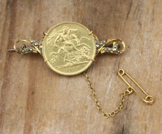 9ct Gold Half Sovereign Coin Brooch W/safety Chain Vintage 9 Carat Jewellery