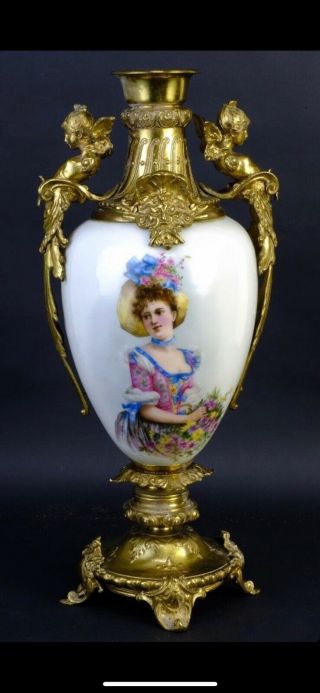 French Limoges Art Nouveau Painted Porcelain Beauty Portrait Vase Gilt Metal