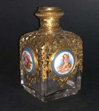 Fine French Palais Royal Painted Porcelain Cherub Crystal Perfume Bottle Ormolu