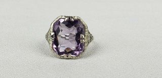 Vintage Art Deco 18k White Gold Filgree Amethyst Ring Size 5.  75