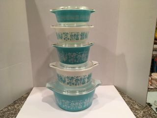 Vintage Pyrex 10 Pc.  Turquoise Butterprint Casserole Set 471 - 475 Complete Set