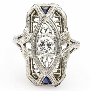 Antique 18k White Gold 0.  36 Ct Diamond & 0.  16 Tcw Sapphire Art Deco Ring 3.  8g