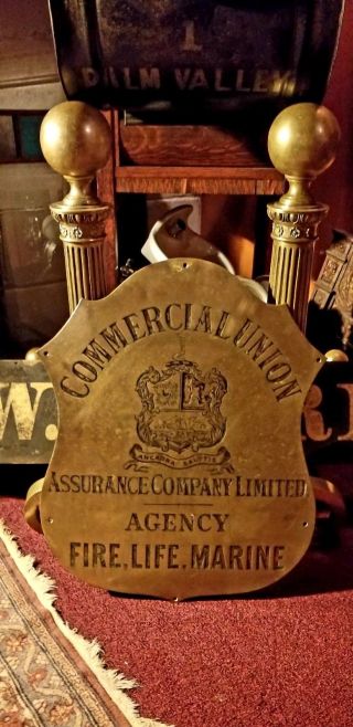 Early Punchcutter Brass Commercial Union Building Insurance Antique Sign
