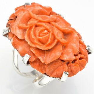 Vintage Sterling Silver Carved Red Coral Rose Cocktail Ring 21 Grams