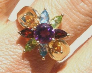 Gem Quality Gorgeous 10k Solid Gold 6 Ct Multi Gemstone Flower Ring Amethyst