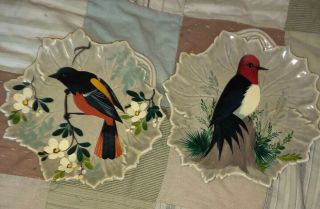 Vtg Asian Studio Hand Painted Plates Set If 2 Birds Limmus Studios 1964