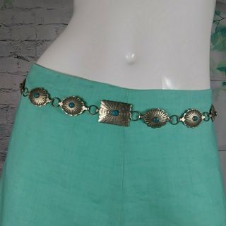 Vintage Old Navajo Sterling Silver Concho Belt With Turquoise