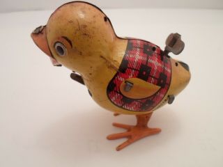 Vintage Antique Tin Litho Wind Up Chick With Plaid Vest Signed