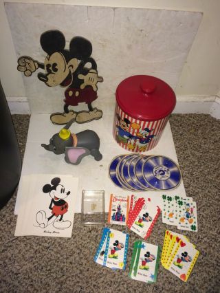 Vintage 60s/70s Disney Mickey Mouse,  Dumbo,  Cookie Jar,  Cards,  Records,  Wood Cut Out
