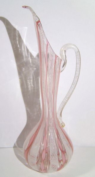 Venetian Pink Ribbon & Latticino Glass Pitcher 9 5/8 Inch