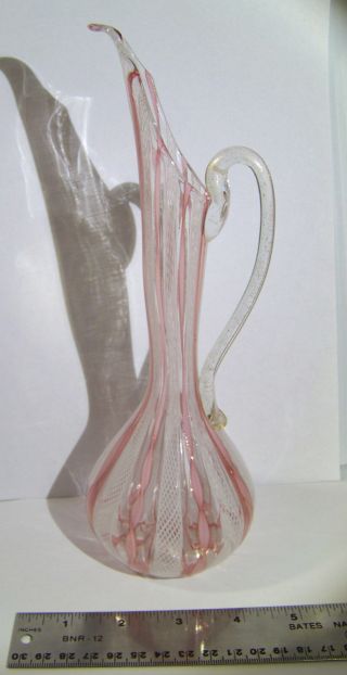 Venetian Pink Ribbon & Latticino Glass Pitcher 9 5/8 inch 3