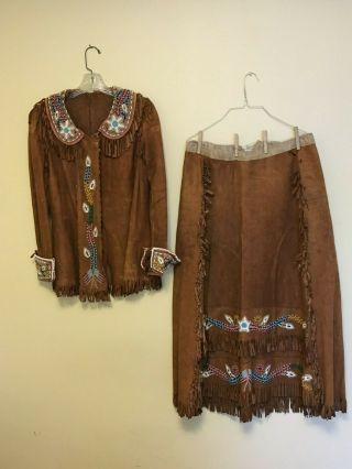Vintage Ladies Fringe Buckskin Jacket & Skirt Native American Beaded