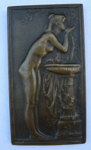 Antique French Art Nouveau Bronze Signed Medal Plaque Vintage Nude Nue Lady