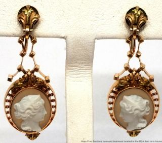 14k Rose Yellow Gold Finely Carved Hardstone Cameo Antique Victorian Earrings