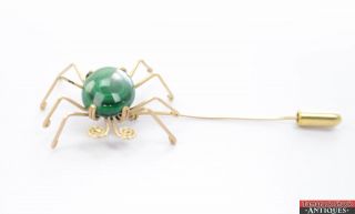 Vintage 10k Yellow Gold Wire Formed Green Malachite Spider Bug Stick Pin Brooch