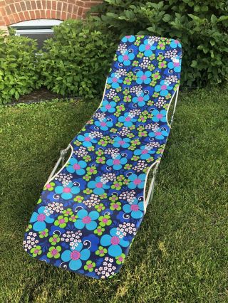 VTG Kettler Aluminum Folding Chaise Lounge Lawn Chair Cot Mod Floral Baumwolle 2