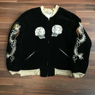 Vintage Japanese Sukajan Souvenir Jacket Reversible Black Velvet White Satin L