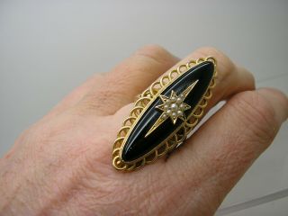 Victorian 9ct Gold Huge Locket Back Black Onyx & Pearl Mourning Ring Size Q