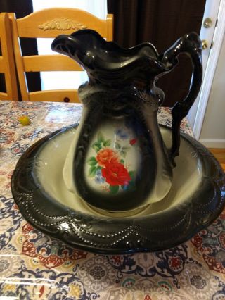 Vintage Ironstone Water Pitcher Bowl Wash Basin Set Black & White Roses Flowers
