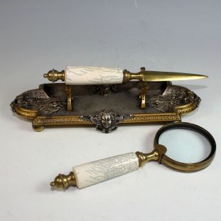 French Antique Bronze Desk Set Pen Tray,  Magnifier And Letter Opener