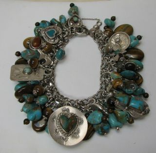 Vintage Elco 925 Silver Bracelet Turquoise/ Tiger Eye Native American Charms