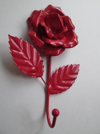 Vintage Red Rose Flower Wall Hook Metal Enamel Made In Hong Kong