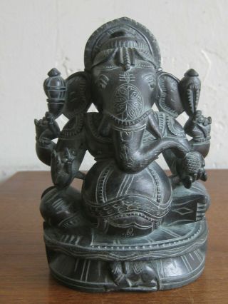 Fine Old India Hindu Sitting Ganesha Deity Carved Hardstone Statue Sculpture