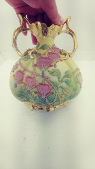 1909 Antique Nippon Coralene Porcelain Bleeding Hearts Double Handle Vase