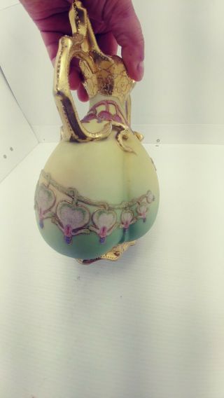 1909 Antique Nippon Coralene Porcelain Bleeding Hearts Double Handle Vase 3