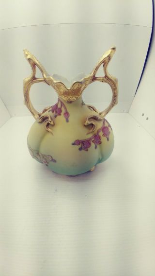 1909 Antique Nippon Coralene Porcelain Bleeding Hearts Double Handle Vase 4