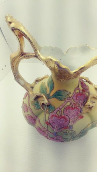 1909 Antique Nippon Coralene Porcelain Bleeding Hearts Double Handle Vase 6