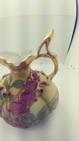 1909 Antique Nippon Coralene Porcelain Bleeding Hearts Double Handle Vase 7
