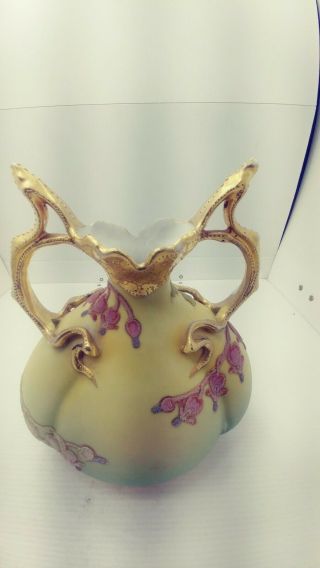 1909 Antique Nippon Coralene Porcelain Bleeding Hearts Double Handle Vase 8