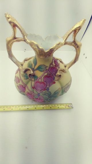 1909 Antique Nippon Coralene Porcelain Bleeding Hearts Double Handle Vase 9