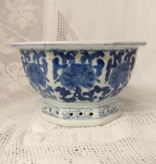 Vintage Chinese Hand Painted Blue & White Jardinere (7.  25” Dia,  4.  5”tall)