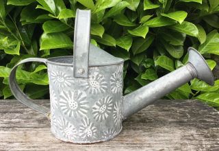 Small Vintage 20th Century Steel Watering Can With Embossed Flower Decoration